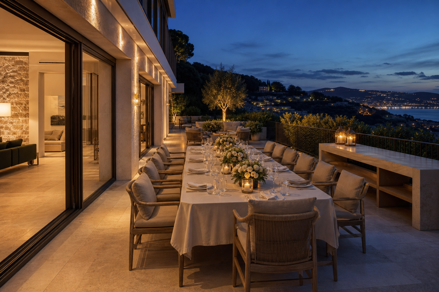 Terrasse d’une villa méditerranéenne fictive préparée pour un dîner privé, illustration originale du guide Festival de Cannes