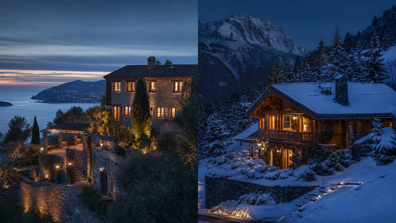 Villa face à la Méditerranée à gauche et chalet enneigé dans les Alpes à droite
