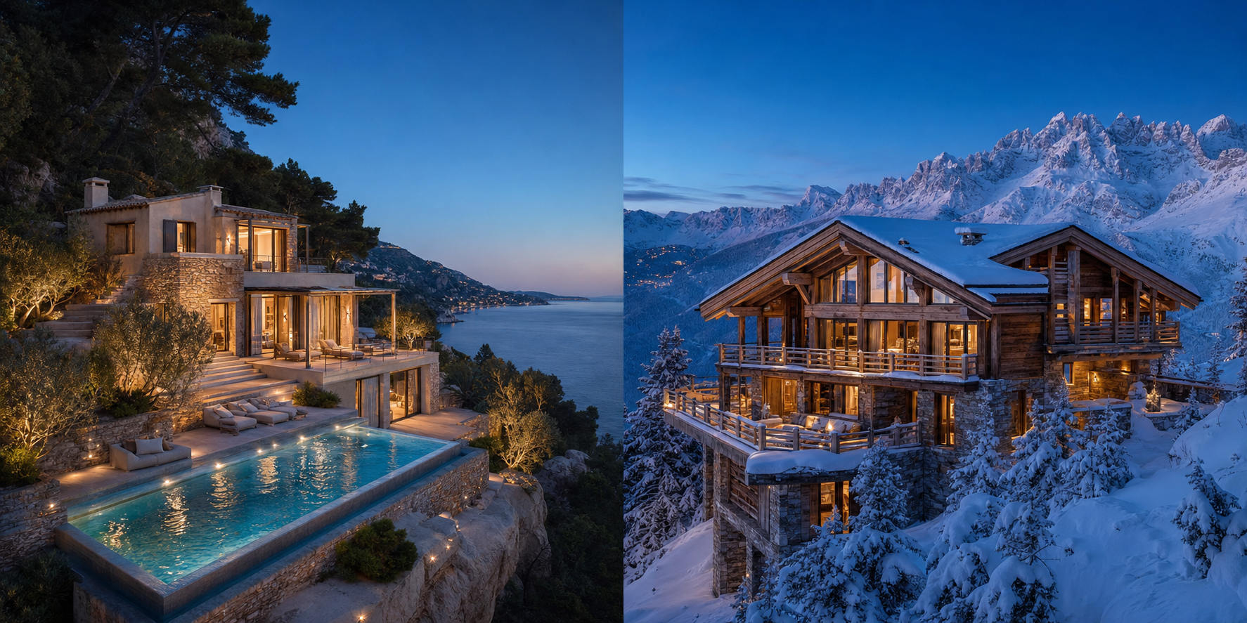 Villa privée à Saint-Jean-Cap-Ferrat face à la Méditerranée à gauche et chalet enneigé à Courchevel à droite