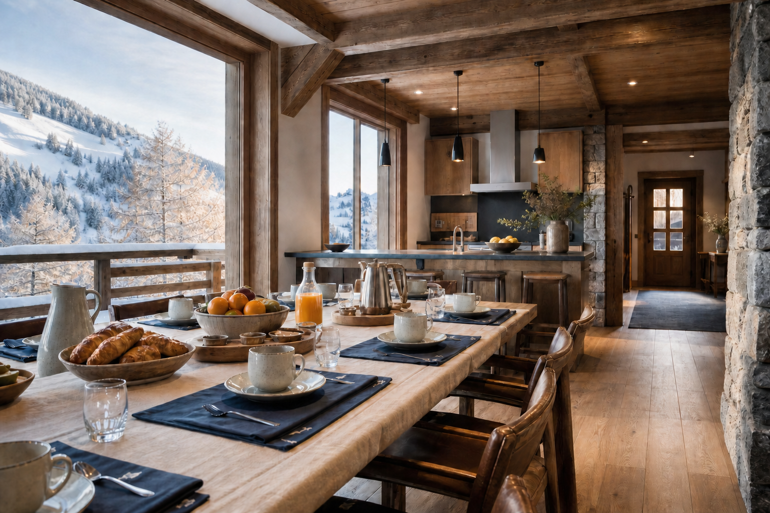 Petit-déjeuner préparé dans un chalet alpin fictif face à la neige, illustration originale du guide Méribel