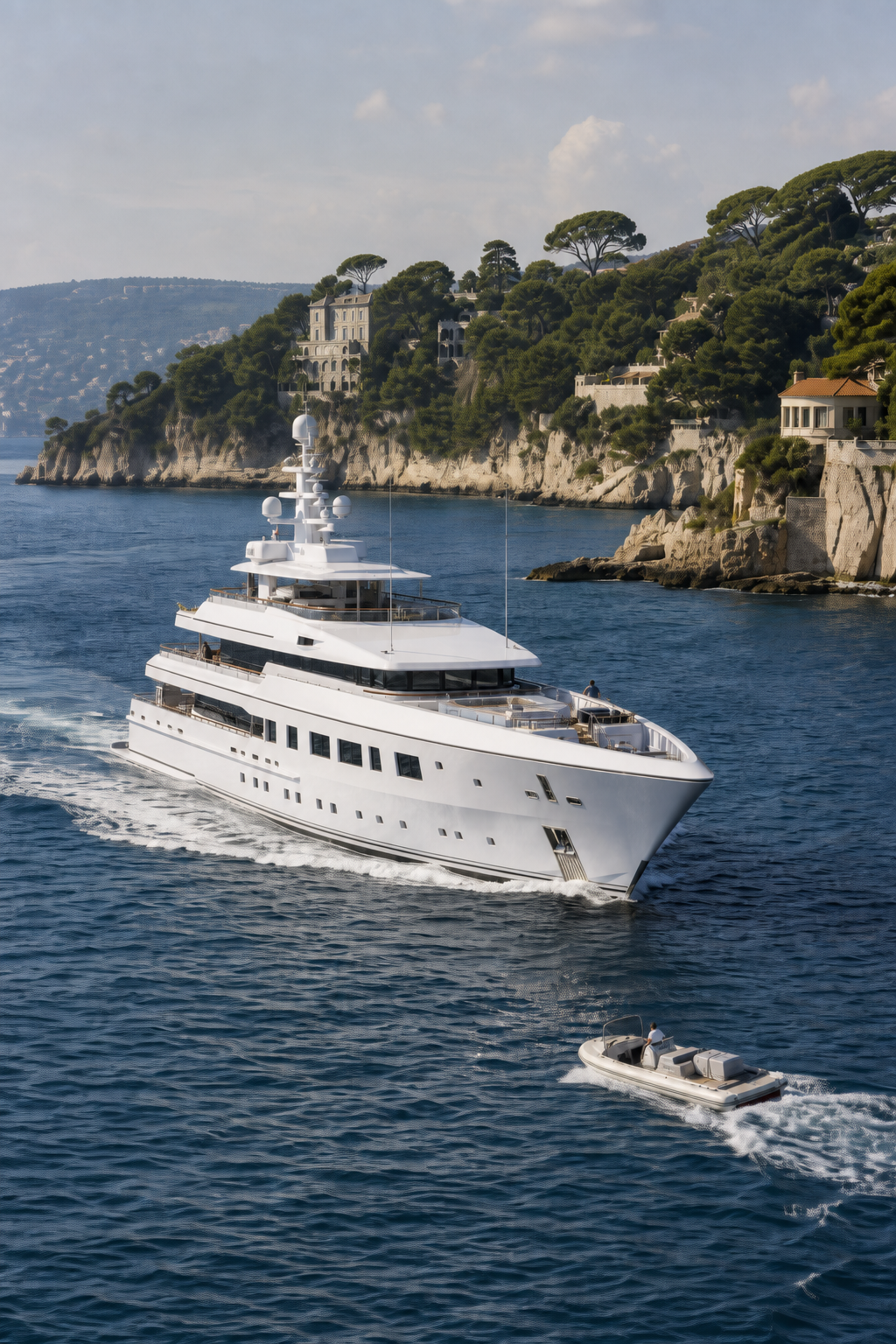 Yacht privé naviguant au large d’une villa sur la Côte d’Azur