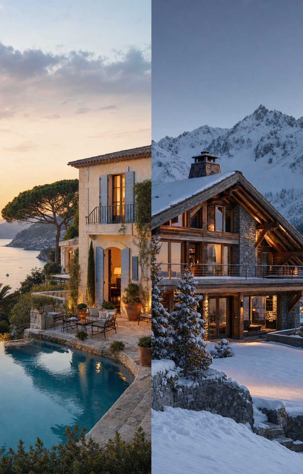 Villa privée face à la Méditerranée à gauche et chalet privé enneigé dans les Alpes à droite